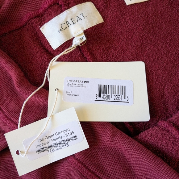 NEW The GREAT Red Cropped Sweatpant Embroidered Hearts Size 3 Large Made in US - Picture 8 of 9